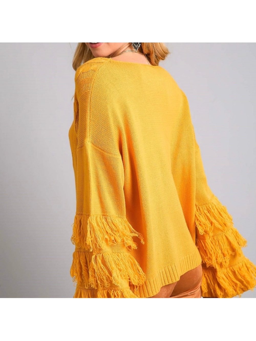 Umgee Bright Yellow Fringe Sleeve‎ Scoop Neck Sweater
